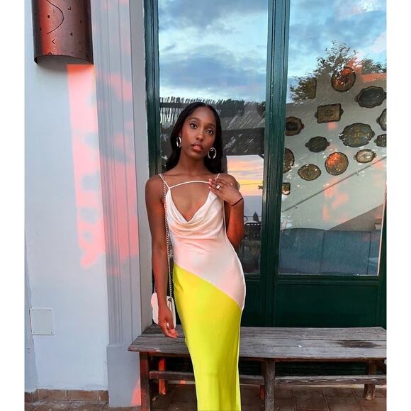 SAN SLOANE White Lime Green Satin Slip Style Cowl Neck Dress Size Small - Picture 4 of 14